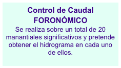 Control de Caudal
FORONÓMICO
Se realiza sobre un total de 20 manantiales significativos y pretende obtener el hidrograma en cada uno de ellos.

